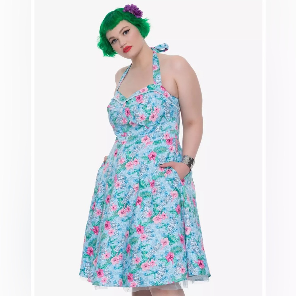 HOT TOPIC Size small Blue Tiki Halterneck Fit and Flare Midi Dress Coquette